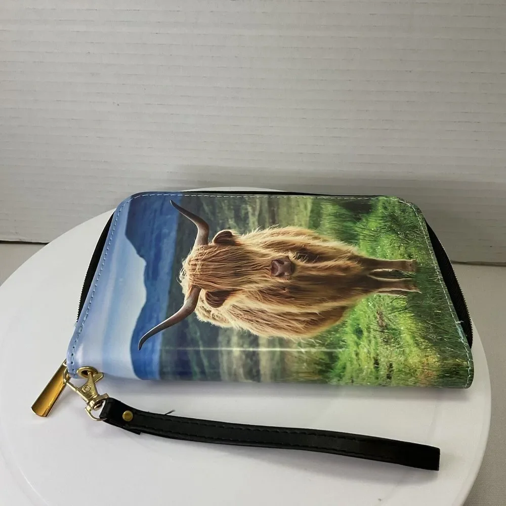 Highland Cow PU Leather Zip Around Portfolio Padfolio Organizer Card Slots 8 X 4